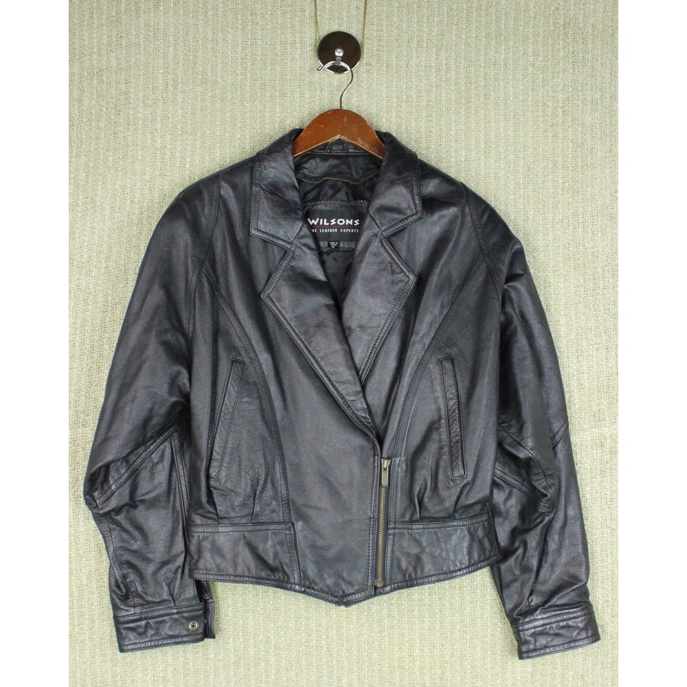 Wilsons Black Leather Moto Biker Jacket Lace Up Back Vintage Women's M